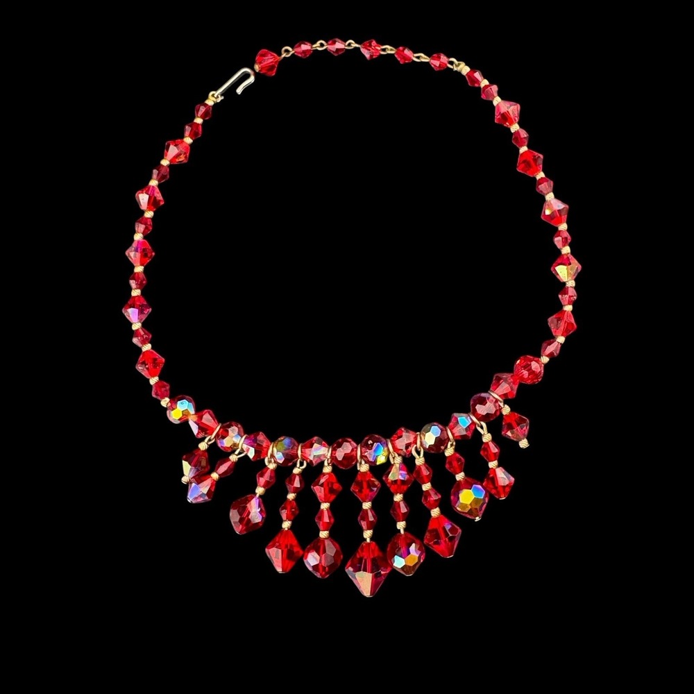 Vintage Red Faceted Glass Necklace Aurora Borealis Choker Gold Tone 50s 60s MCM